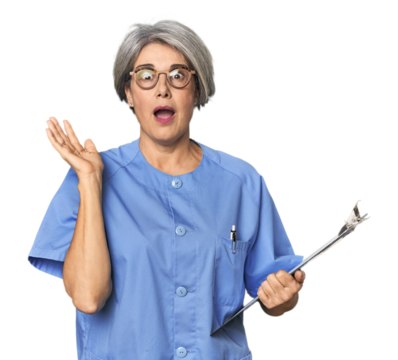Caucasian mid-age nurse holding report surprised and shocked.