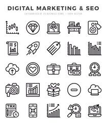 Digital Marketing & SEO Lineal icons collection. 25 icon set in a Lineal design.