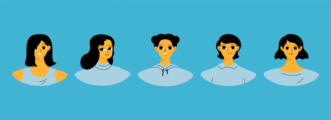 Obraz premium Set of female user portraits. Collection of varios young women faces. Isolated flat vector in simple cartoon style.