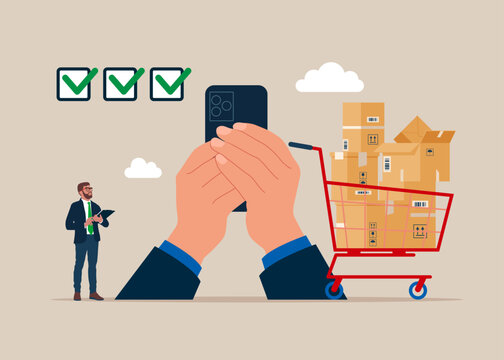 Arms hold use smart phone. Businessman with procurement manager checking supply assets. Procurement and purchasing company equipments, goods and service, audit and checking price. 