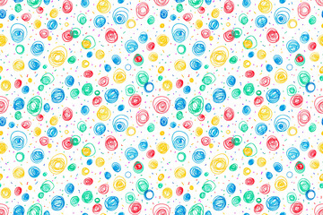 Colorful scribble circles create a seamless pattern on a white background, perfect for playful and energetic decoration.
