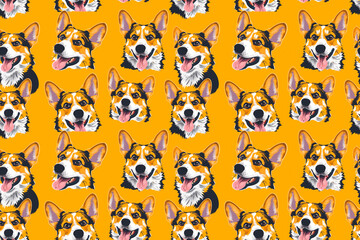 Obraz premium Adorable corgi faces on an orange background form a seamless pattern, ideal for playful and fun designs. Perfect for dog lovers and pet-themed decorations with ample copy space for text.