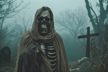 Cinematic horror Skeleton in cloak in graveyard at night. Spine-chilling scene
