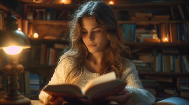 Young woman reading a book by candlelight in a cozy, book-filled room during a quiet evening