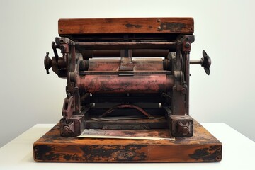 Antique wooden printing press showcased on a pedestal, evoking historical printing techniques