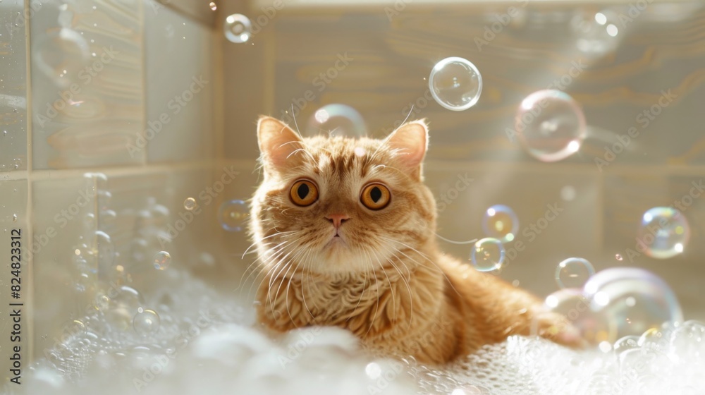 Poster A fat cat sitting in a bathtub filled with bubbles, looking around with wide eyes, creating a humorous and cute scene