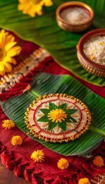 Vibrant floral decorations at onam festival in india displaying a colorful array of hues