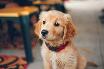 Adorable puppy gazes up at owner with pleading eyes, hoping for a delicious treat