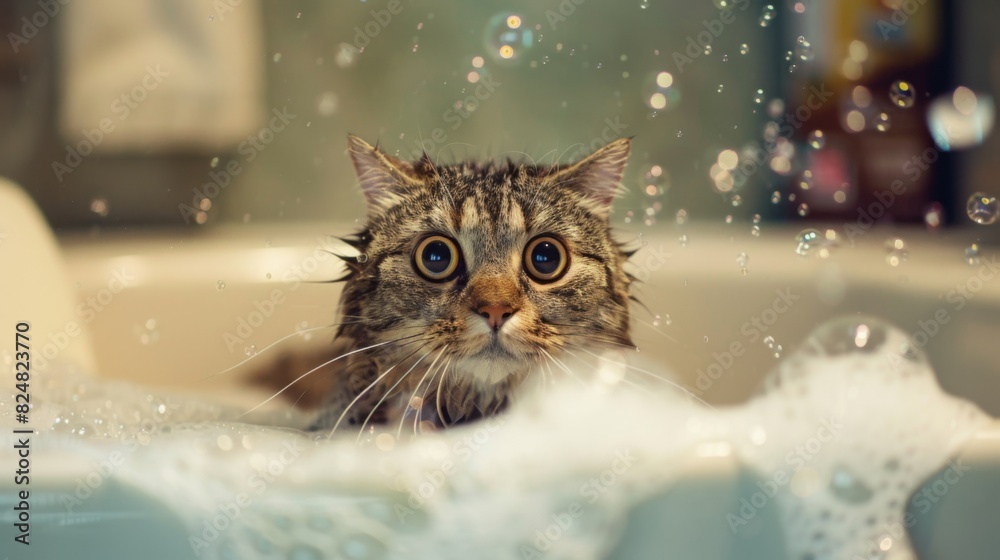 Poster A fat cat sitting in a bathtub filled with bubbles, looking around with wide eyes, creating a humorous and cute scene