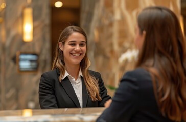  a smiling female hotel receptionist wearing a black suit and white shirt, greeting an array of guests dressed in different styles at the front desk in a luxury modern minimalist art deco style hotel 