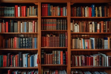 High-resolution image showcasing a diverse collection of books on wooden shelves
