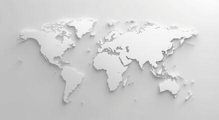 A simple white world map with light gray background. The design is minimalistic and elegant, focusing on the outline of each country in soft shadows against a clean grey backdrop