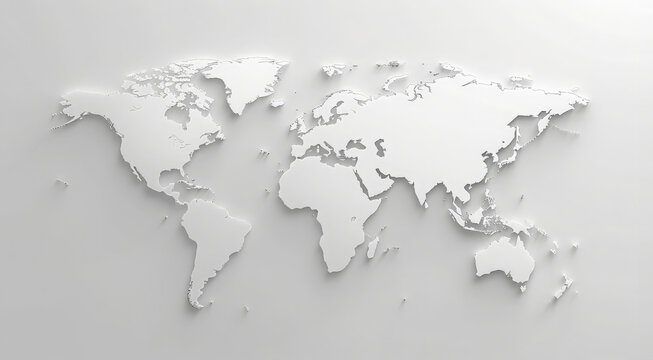 A simple white world map with light gray background. The design is minimalistic and elegant, focusing on the outline of each country in soft shadows against a clean grey backdrop