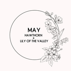 May birth month flower wreath, hawthorn and lily of the valley flower border, vector hand drawn isolated line art botanical frame for greeting cards and invitations © nastyasklyarova