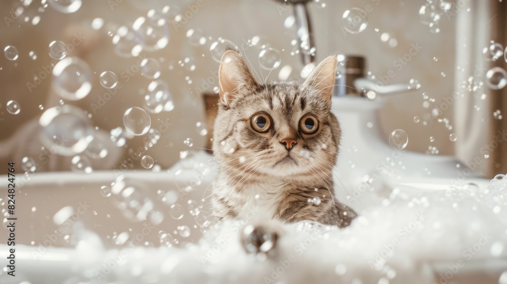 Poster A fat cat sitting in a bathtub filled with bubbles, looking around with wide eyes, creating a humorous and cute scene