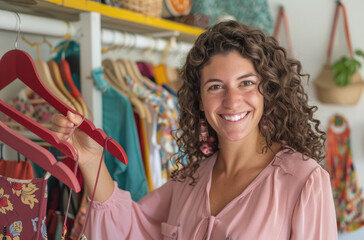 A woman is smiling and looking at hangers in her room, trying to choose one for herself. She has curly brown hair and wears an elegant pink blouse with puffed sleeves