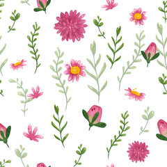 Seamless pattern of meadow flowers. hand drawn watercolor illustration. floral, flower, flowers, summer, meadow, pink, green, plants, chrysanthemum, aster