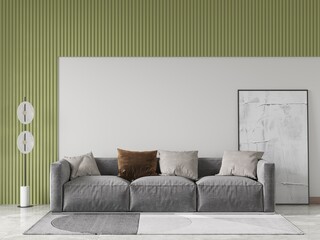 Mock up of a stylish living room with a wide comfortable sofa and a trendy decorative background, 3D rendering.