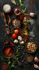 Assortment of various ingredients and spices used for marinade or seasoning