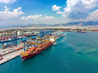 Fototapeta premium Aerial View of Perama Cargo Port: Unloading and Loading Containers in Athens, Greece