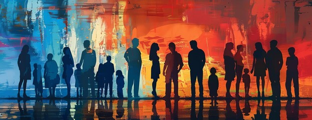 A group of diverse people stand together, their silhouettes glowing against a vibrant backdrop