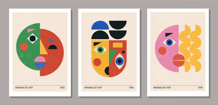 Set of minimalist 20s geometric design poster with stylized face