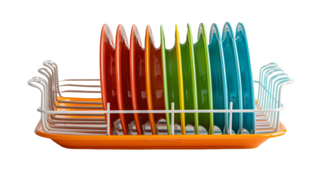 A rack filled with various colored plates of different sizes, neatly arranged in rows and columns