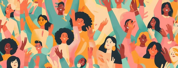 A diverse group of people of all ages and ethnicities are shown raising their hands and cheering