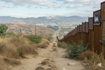 Scenic view of a border fence stretching into the horizon with mountains in the background