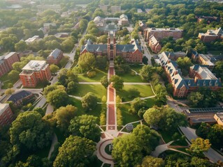 Aerial view of a university campus with historic buildings, lush green trees, and pathways on a sunny day.