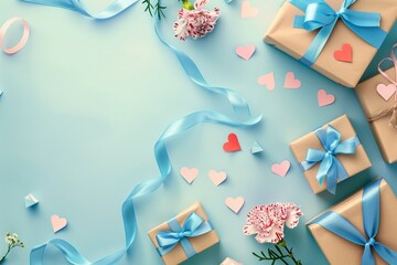 Father's Day surprise gift concept. Top view flat lay photo of beautiful present boxes with blue ribbons, carnation flowers, and pink paper hearts postcard on pastel blue background with empty space