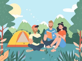 Obraz premium Happy Couple Reading Books While Camping in the Wilderness - 4K Wallpaper