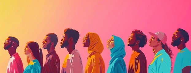 A diverse group of people stand together against a bright background