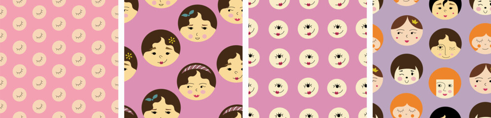 Obraz premium Collection of four surface patterns, attractive girlish faces. Colored seamless background, woman look, repeatable print.