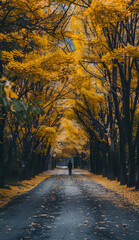 Autumn scenery with ginkgo trees on both sides of a road with bright yellow leaves touching and a person walking in the distance.