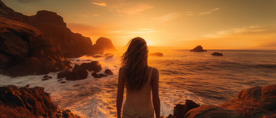 Woman Watching Sunset Over Rugged Coastline