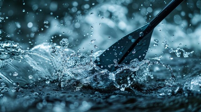 Dynamic close up of water splashing around oar, freezing moment in summer olympic sport concept