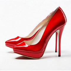 Elegant red high heels on white background