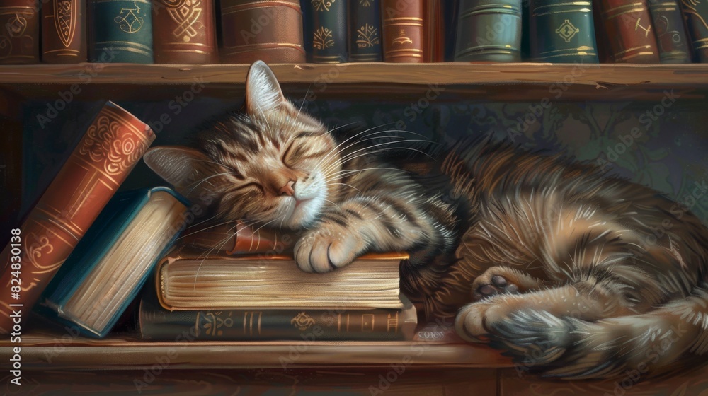 Poster A fat cat sleeping next to a stack of books on a shelf, its head resting on one of the books and looking adorable.