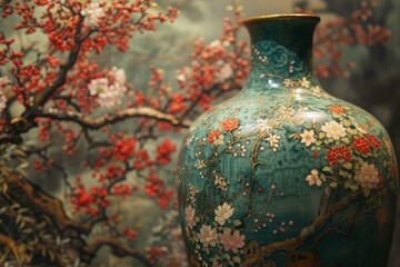 Ornate ceramic vase with intricate floral designs set against a background of rich autumn berries