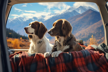 Two dogs resting in the back of a car, surrounded by colorful autumn foliage, scenic mountain landscape