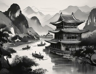 Chinese style classic landscape illustration