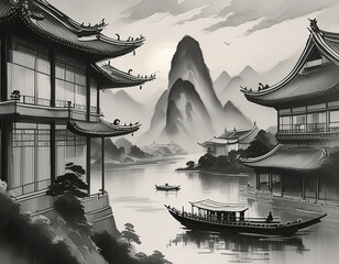 Chinese style classic landscape illustration