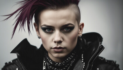 portrait of a girl in a punk outfit with hair shaved on the side, isolated white background
