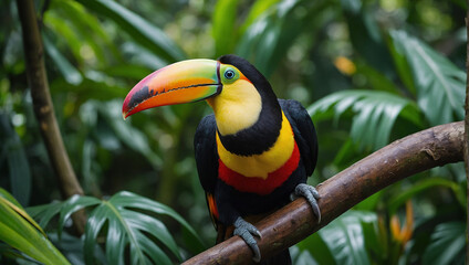 Obraz premium A colorful toucan with its large, vibrant beak holding a piece of tropical fruit. The background is a lush, green jungle canopy.