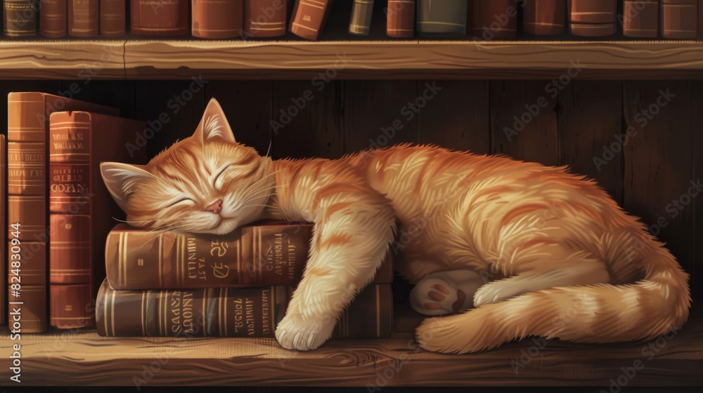 Aufkleber A fat cat sleeping next to a stack of books on a shelf, its head resting on one of the books and looking adorable.
