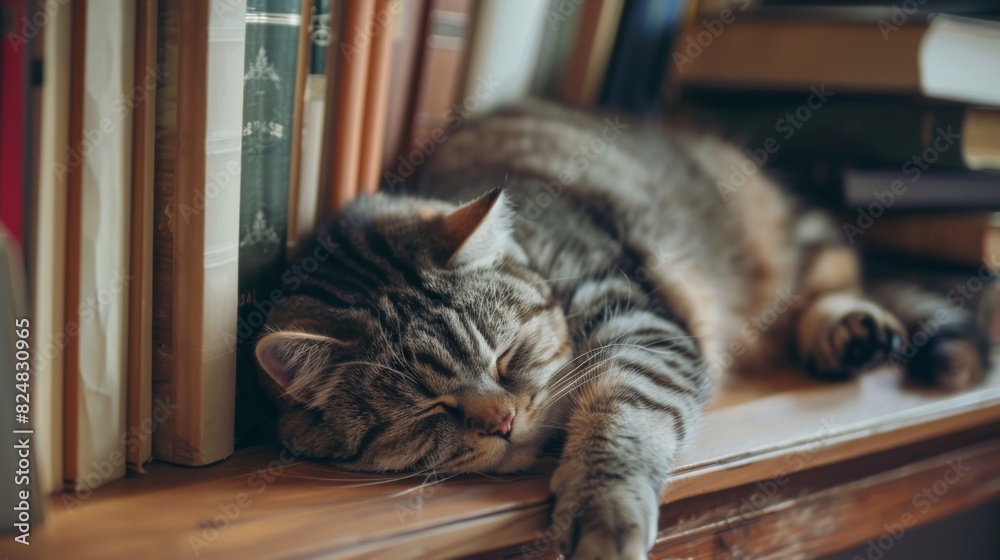 Aufkleber A fat cat sleeping next to a stack of books on a shelf, its head resting on one of the books and looking adorable.