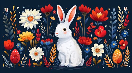 Vibrant collection of naive art style vector illustrations for Easter, featuring abstract rabbit and floral designs alongside bold typographic elements with a spring theme