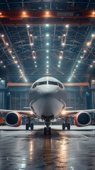 Front view of a commercial jet in a brightly lit aircraft hangar, showcasing its sleek design and modern engineering.