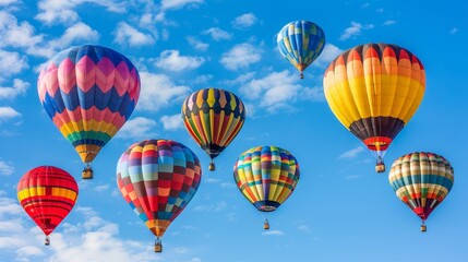 Group of colorful hot air balloons taking flight 
